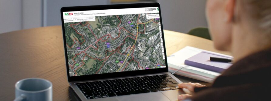 Frau betrachtet BORIS-NRW-Portal auf Laptop